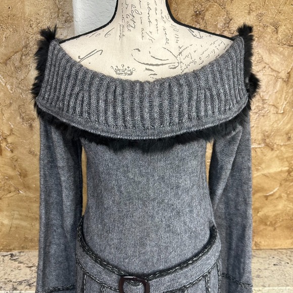 Joseph Ribkoff Alpaca Wool Blend Sweater Sz 10 Off-Shoulder Gray Black Belted - Picture 2 of 12